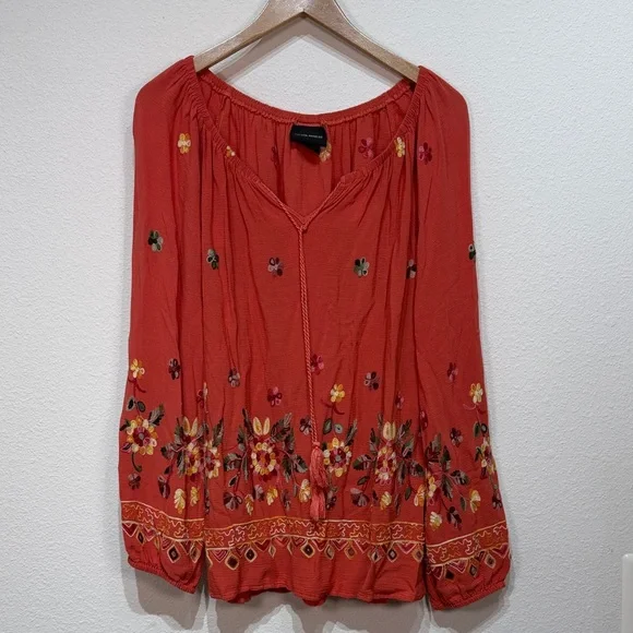 LIV Los Angeles Anthropologie Coral Embroidered Peasant Boho Top Blouse size XL - Picture 2 of 5